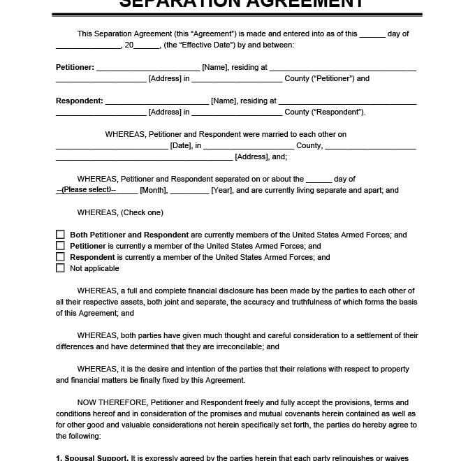 Word Printable Separation Agreement Template Printable Templates
