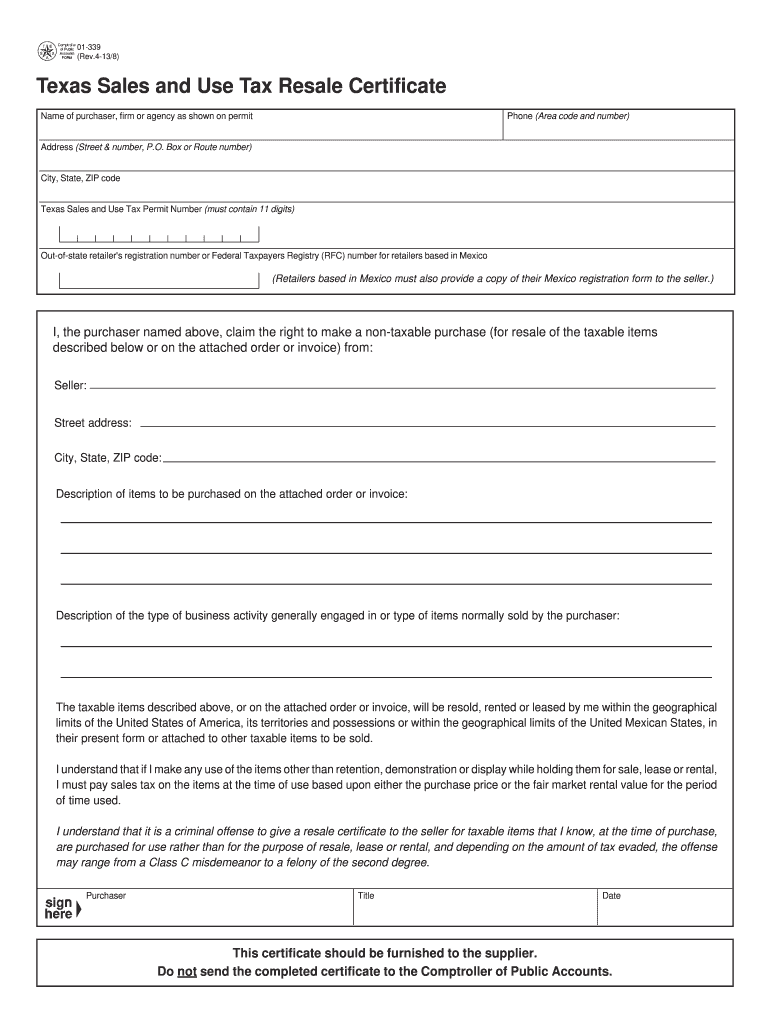 01 339 Texas Sales And Use Tax Exemption 2013 2025 Form Fill Out And 