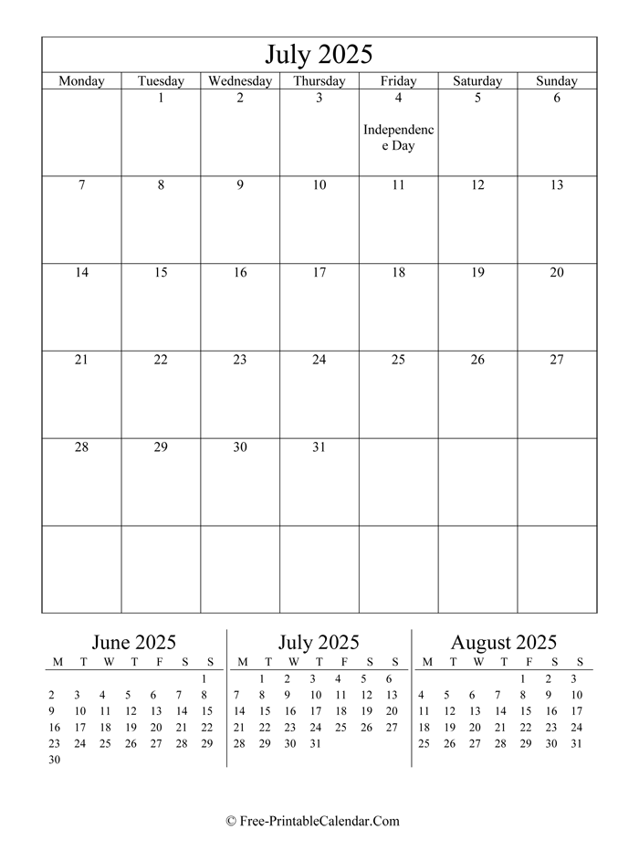 2025 Calendar July Portrait Layout 