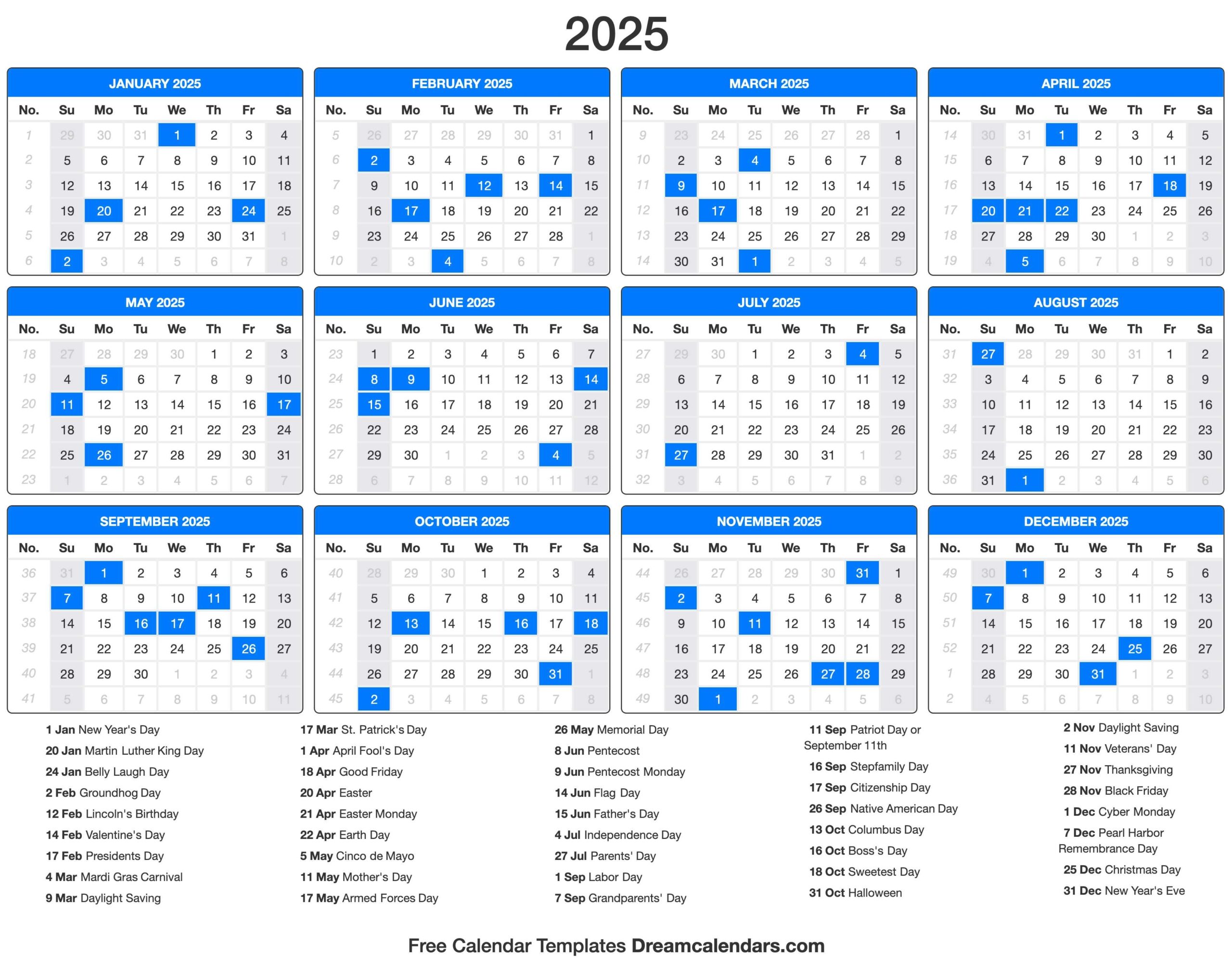 2025 Calendar With Holidays Printable Free Pdf Download Ryan V Riordan