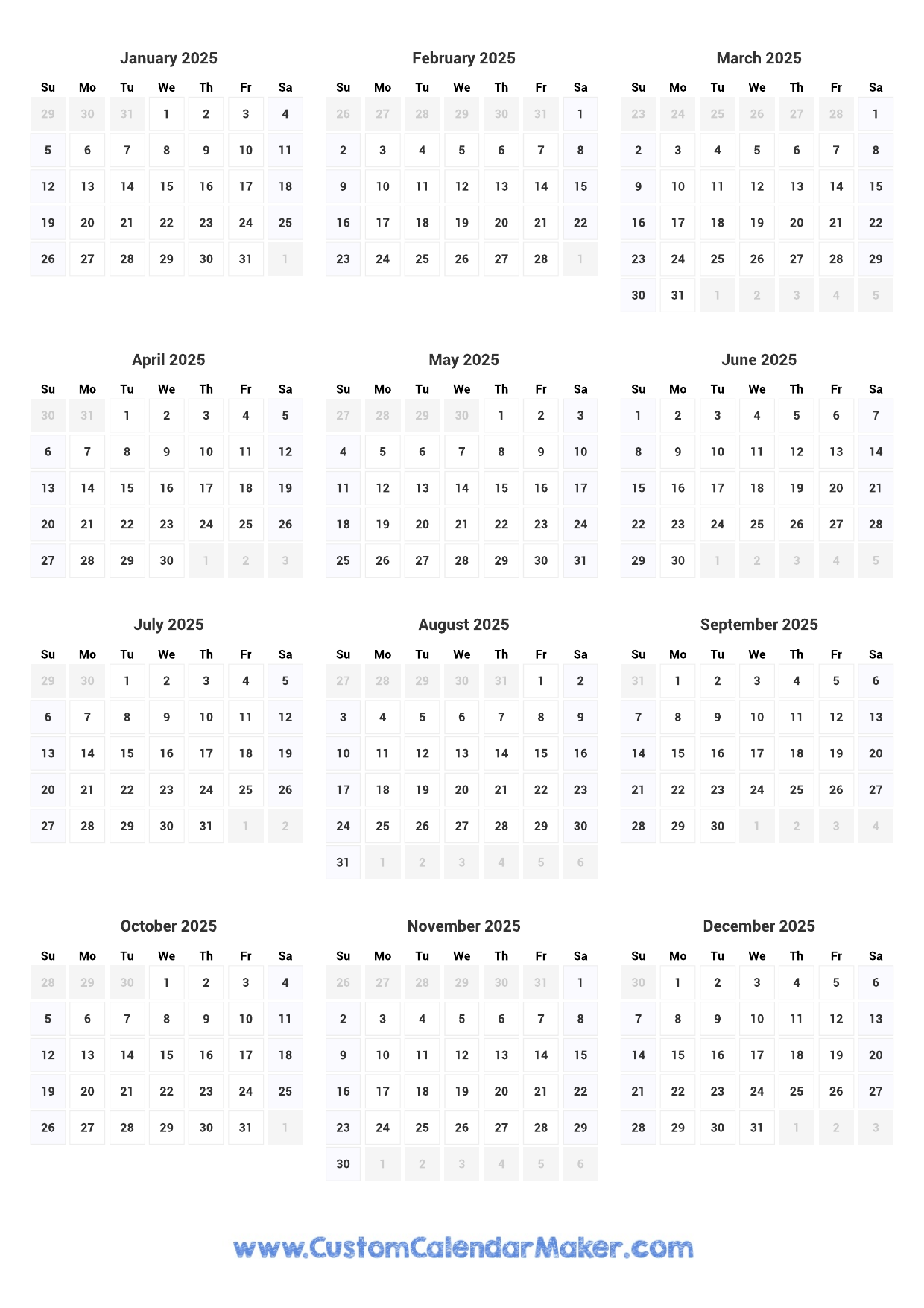 Year At A Glance Calendar 2025 Free Printable