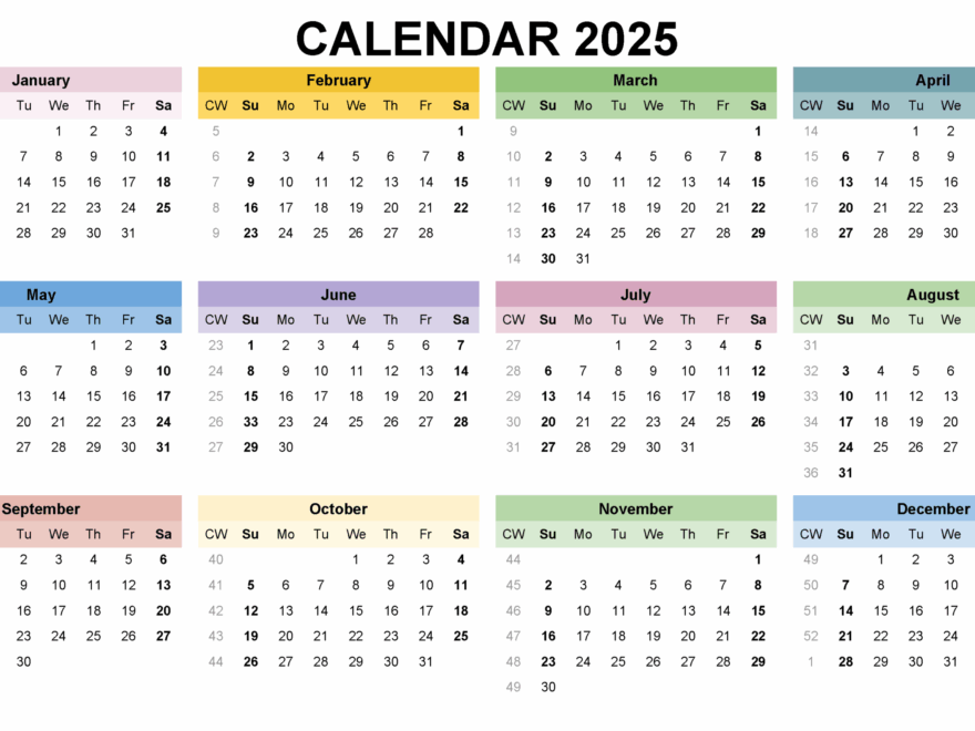 2025 Color Calendar Printable Calendar 2025