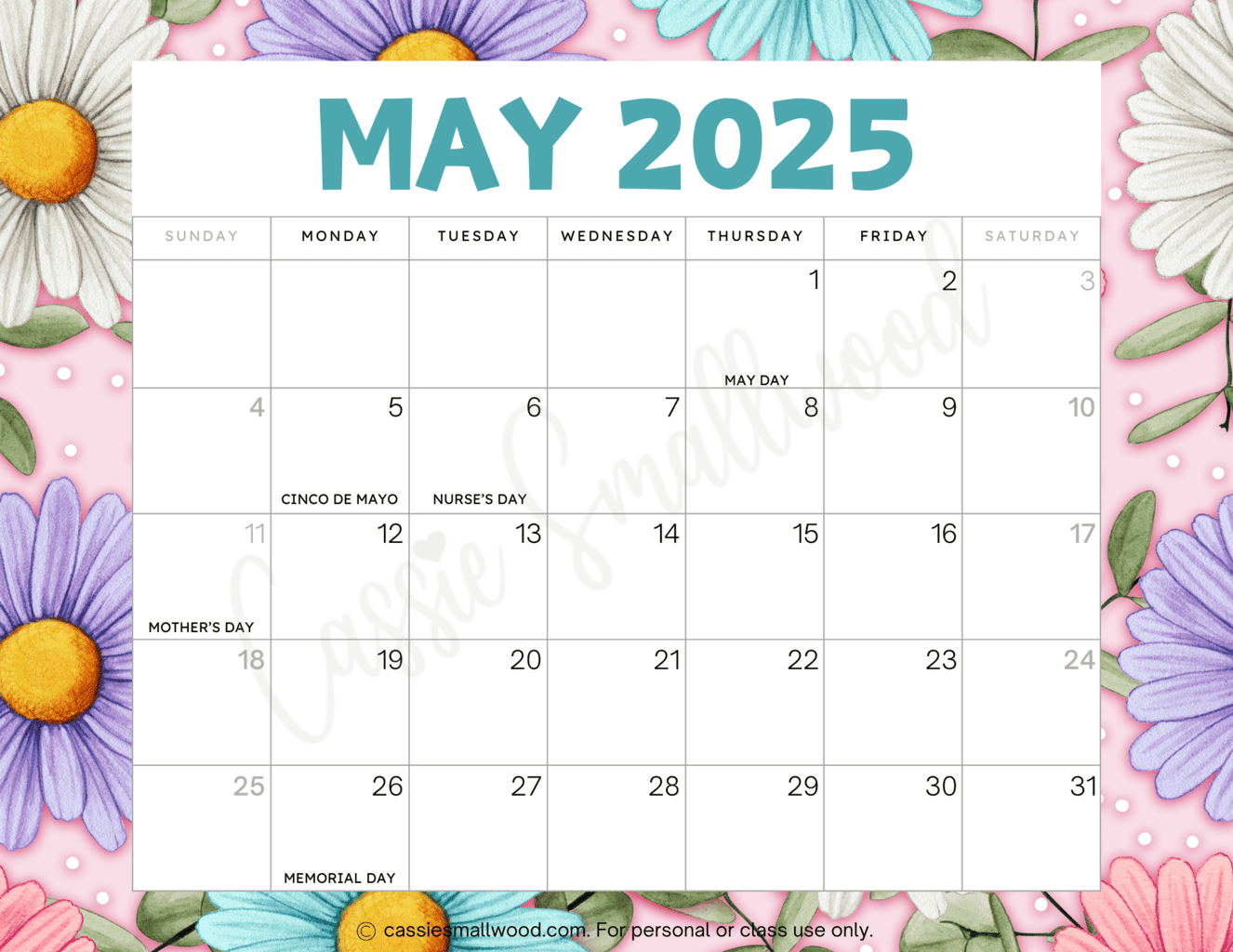 2025 Cute Printable Calendar Summer Mander