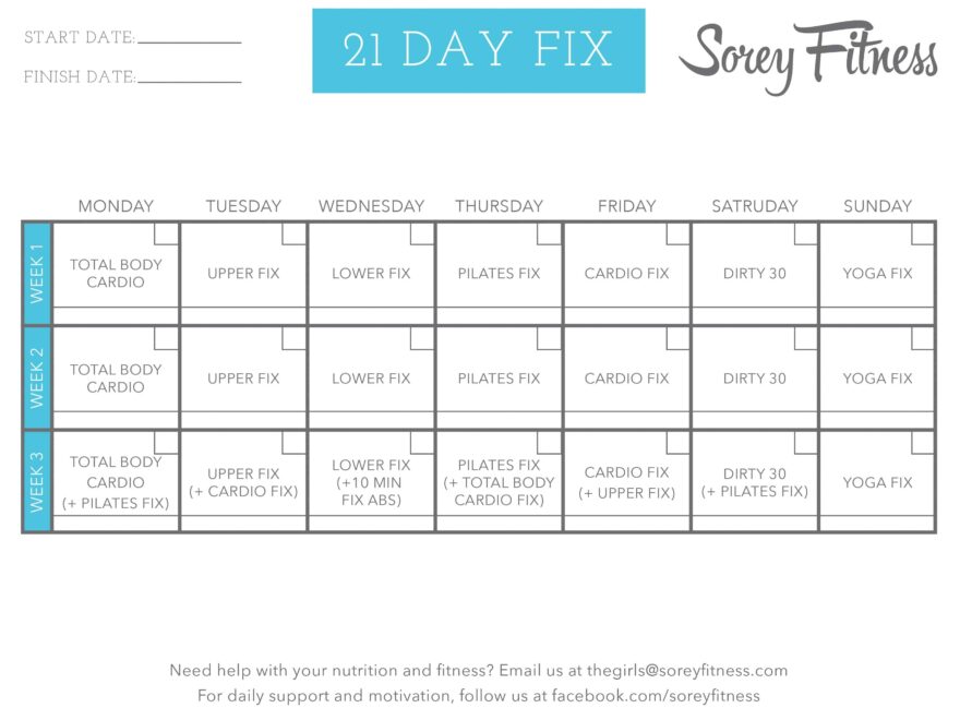 21 Day Fix Workout Calendar Printable