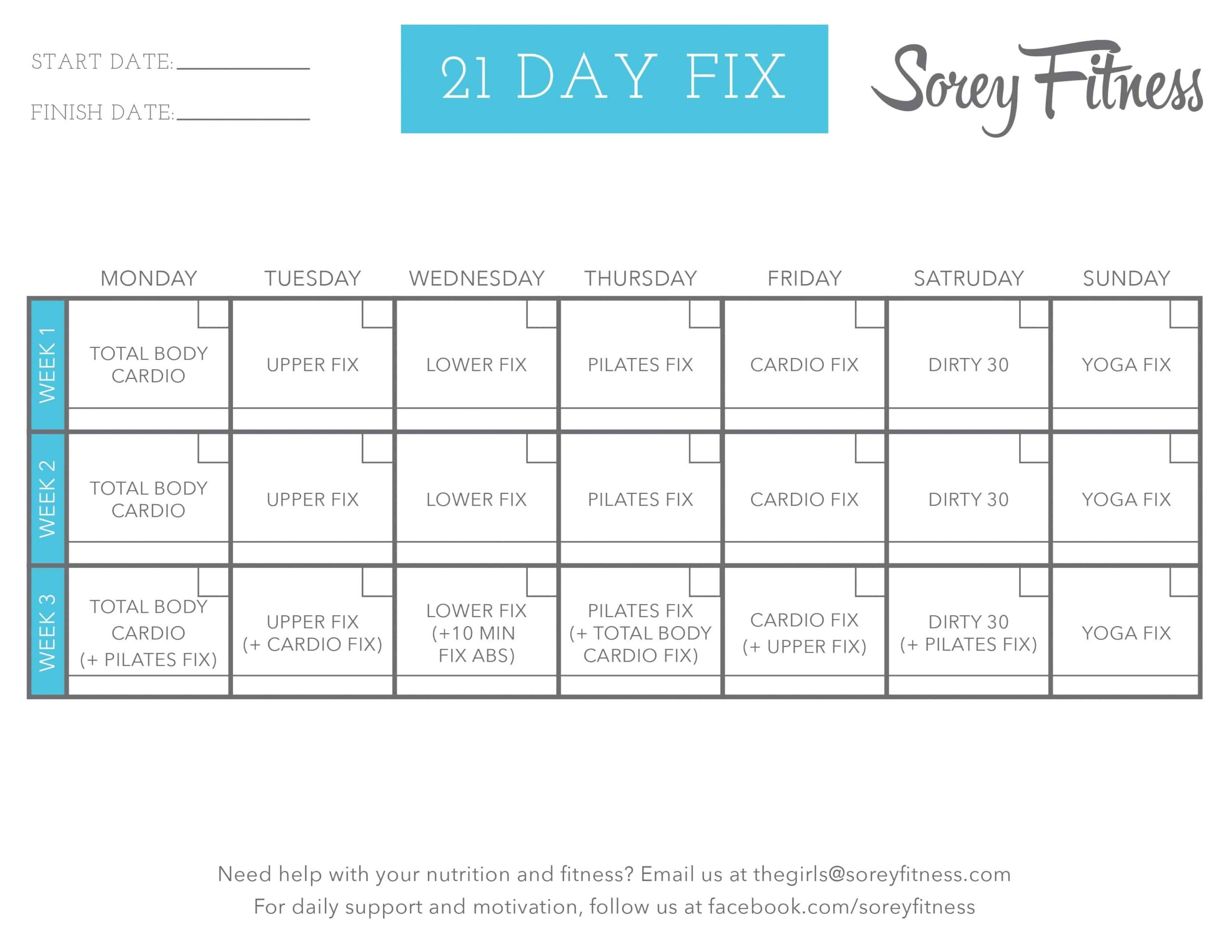 21 Day Fix Workout Calendar Printable