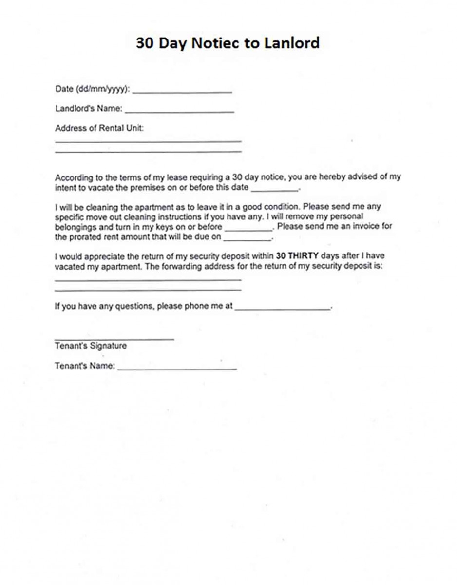30 Day Notice To Landlord Sample Letter