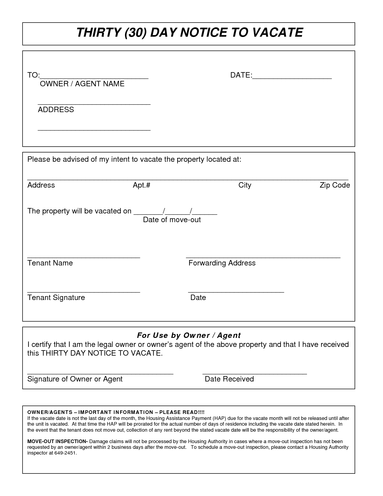 30 Day Notice To Vacate To Tenant Free Printable Documents