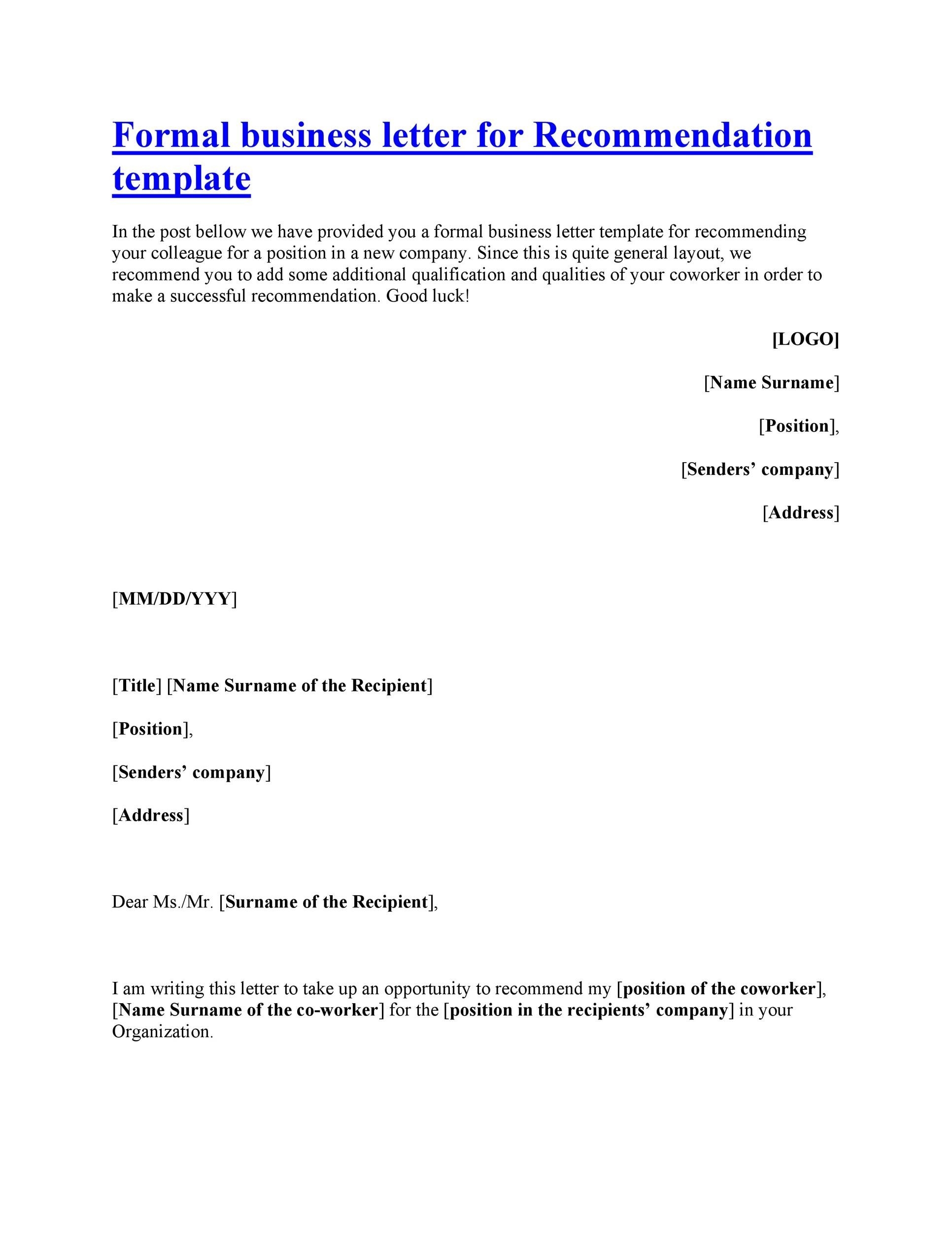 43 FREE Letter Of Recommendation Templates Samples