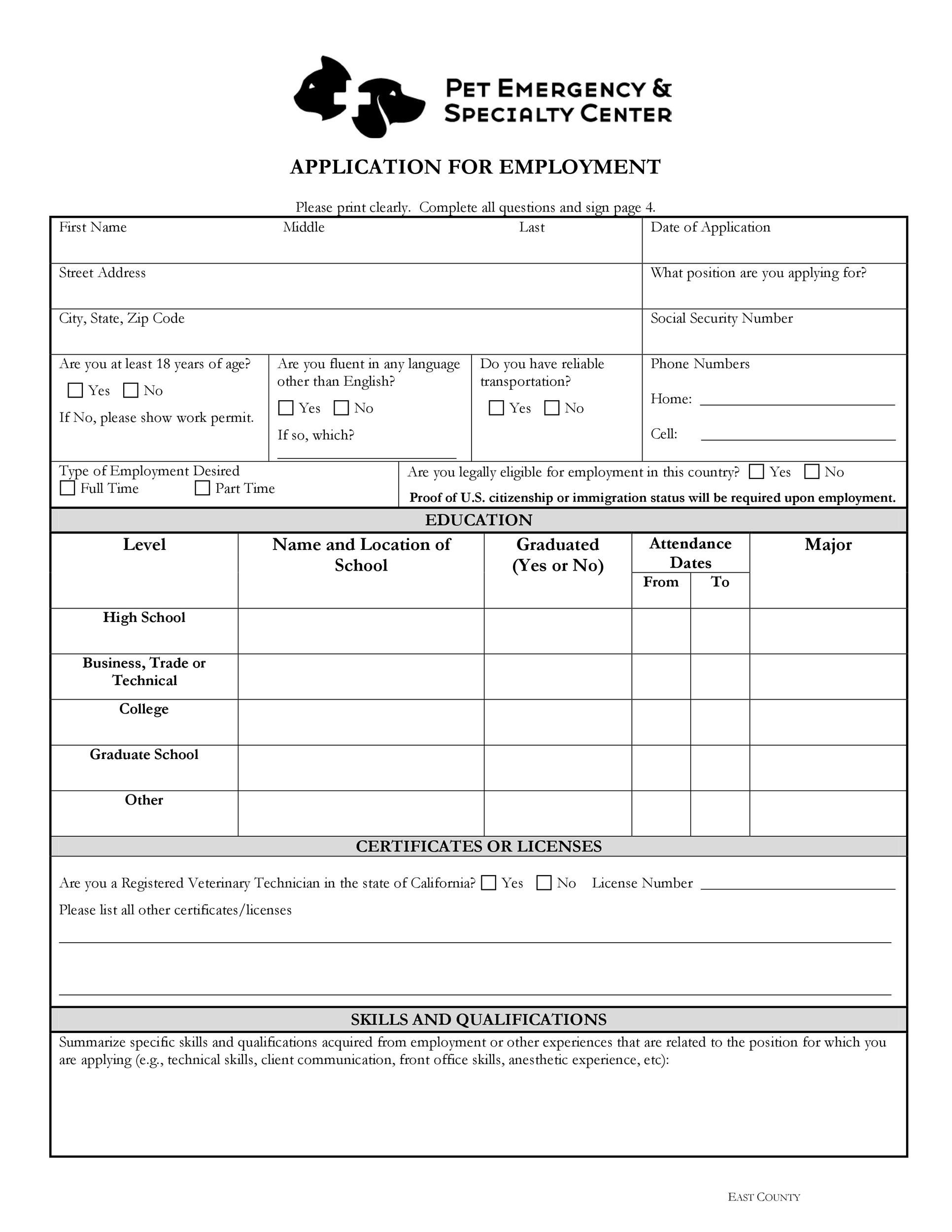 Employment Application Forms Free Printable