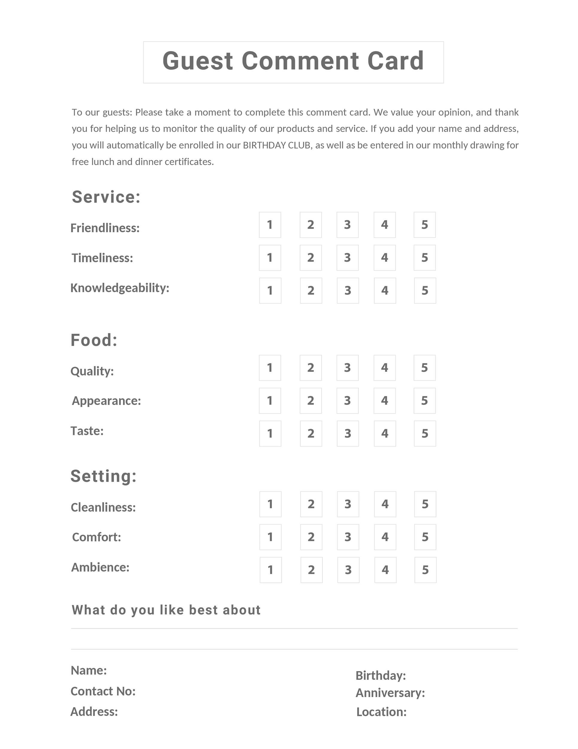 Free Printable Restaurant Comment Cards