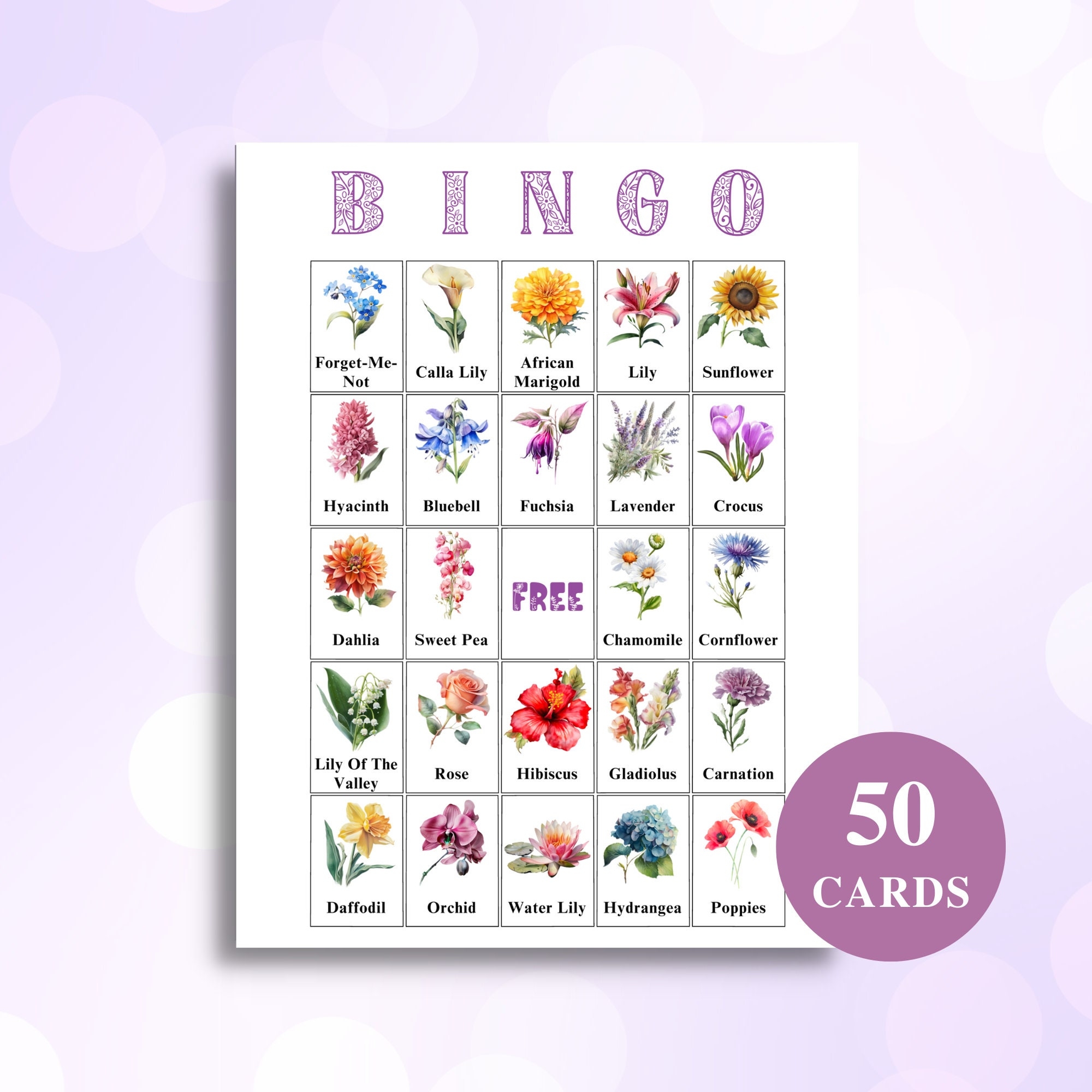 50 Printable Flower Bingo Cards Flower Themed Picture Bingo Gardening 