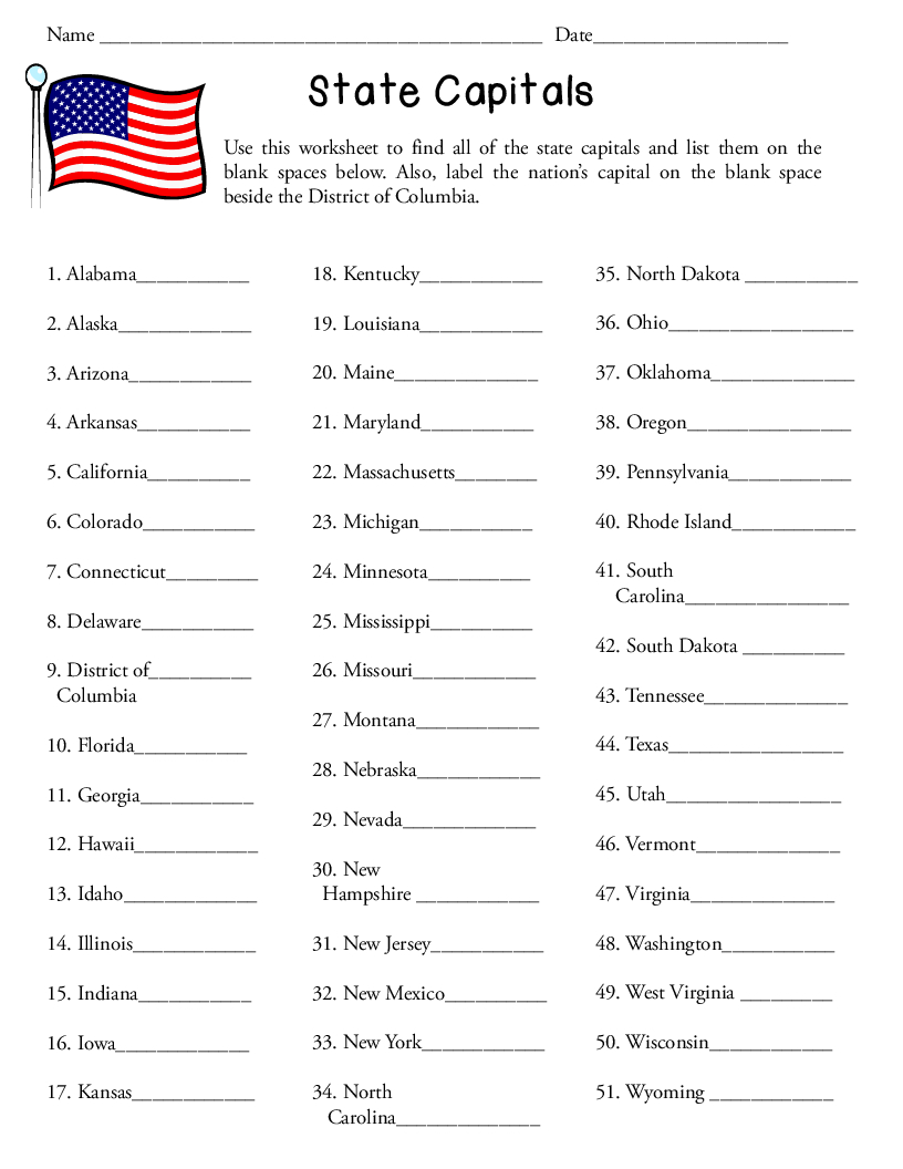 States And Capitals Quiz Printable Free