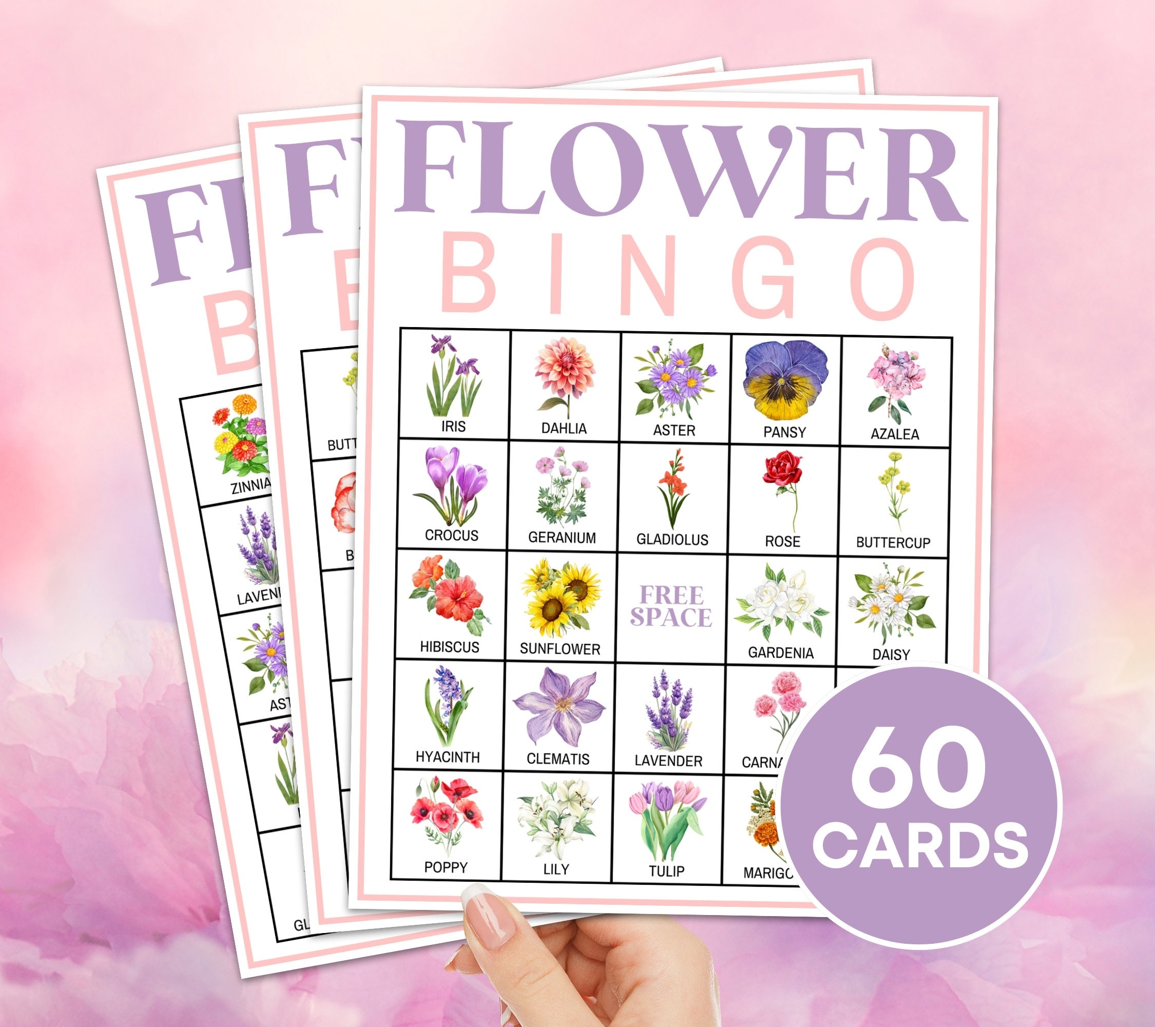 60 Flower Bingo Cards Printable Game Floral Spring Bingo Boards Kids 