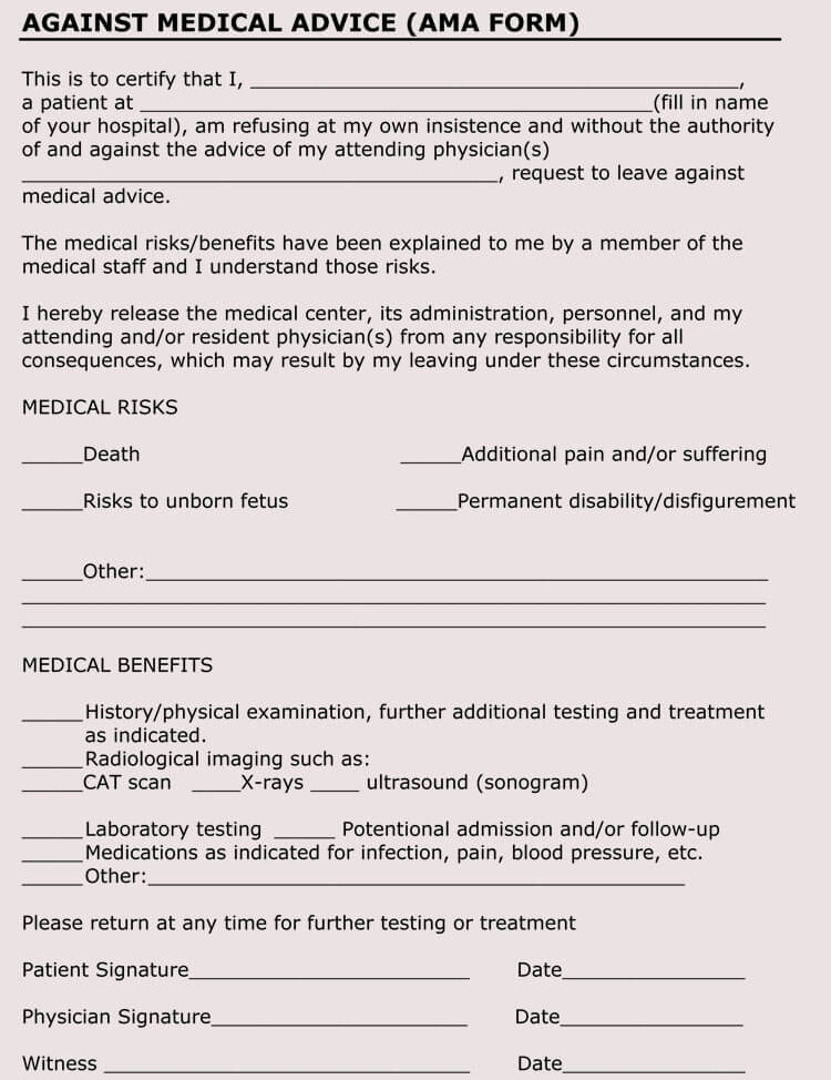 8 Free Against Medical Advice AMA Forms Word PDF 