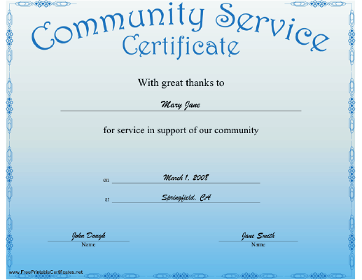A Blue Certificate Recognizing Community Service Free To Download And 