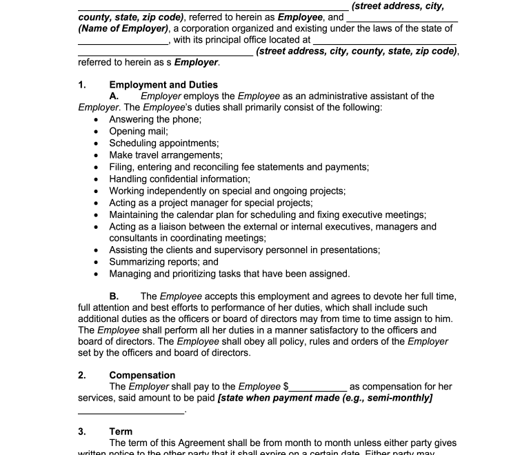 Administrative Assistant Contract Template Complete With Ease