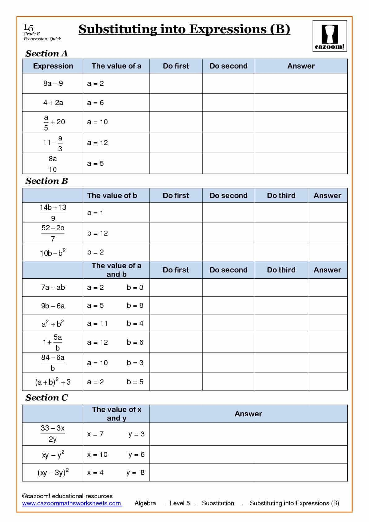 Algebra Substitution Into Expressions Worksheets MySchoolsMath