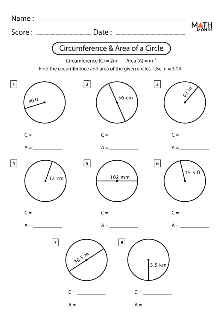 Area Of A Circle Free Worksheets