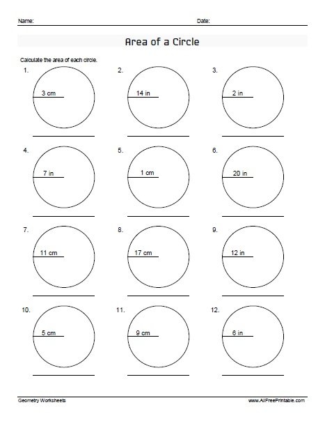 Area Of A Circle Worksheets Free Printable