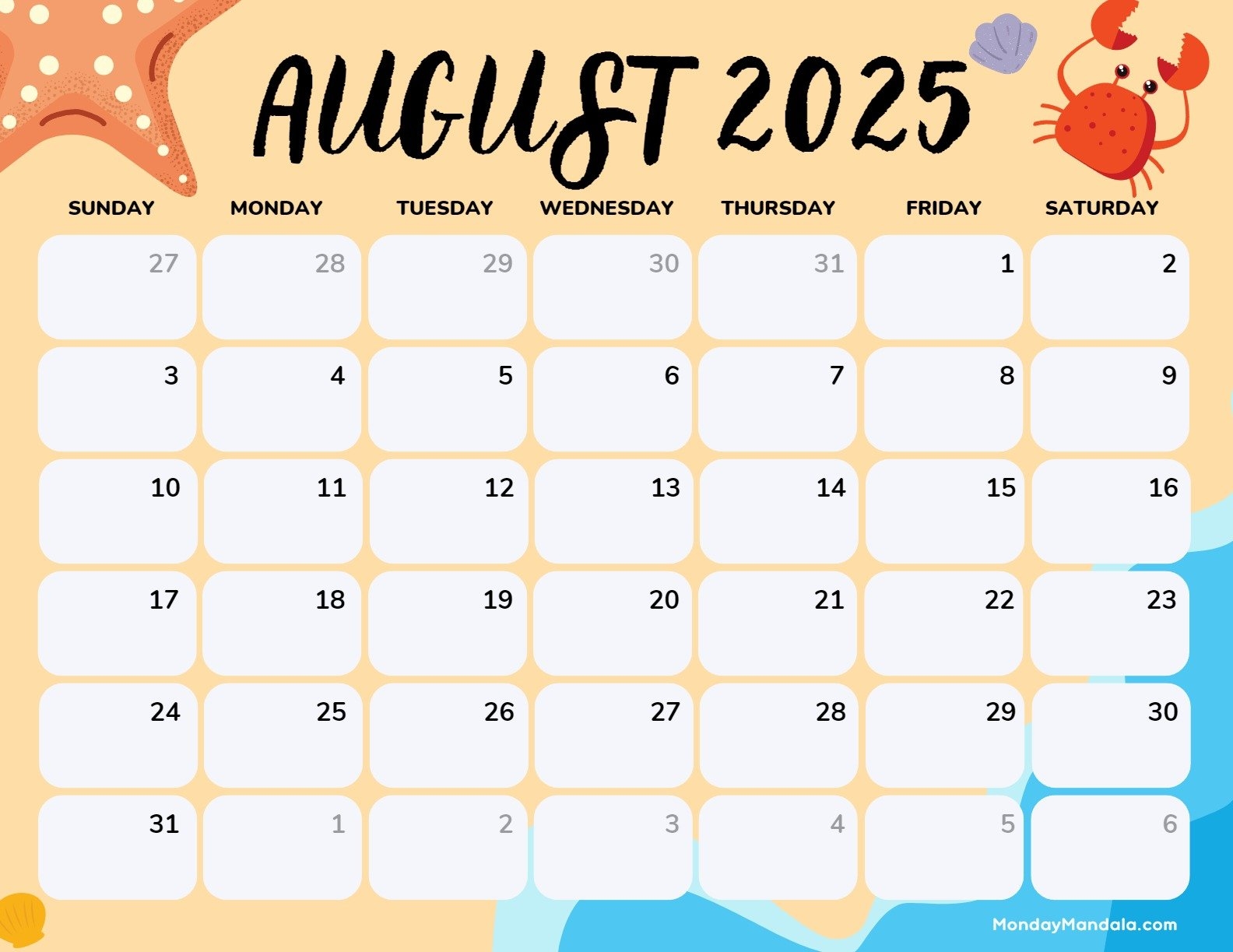 Free Printable August Calendar 2025