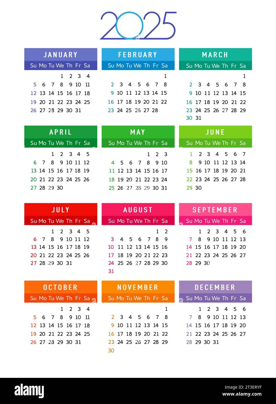 Calendar 2025 Year Editable Template Week Start Sunday With Colored 
