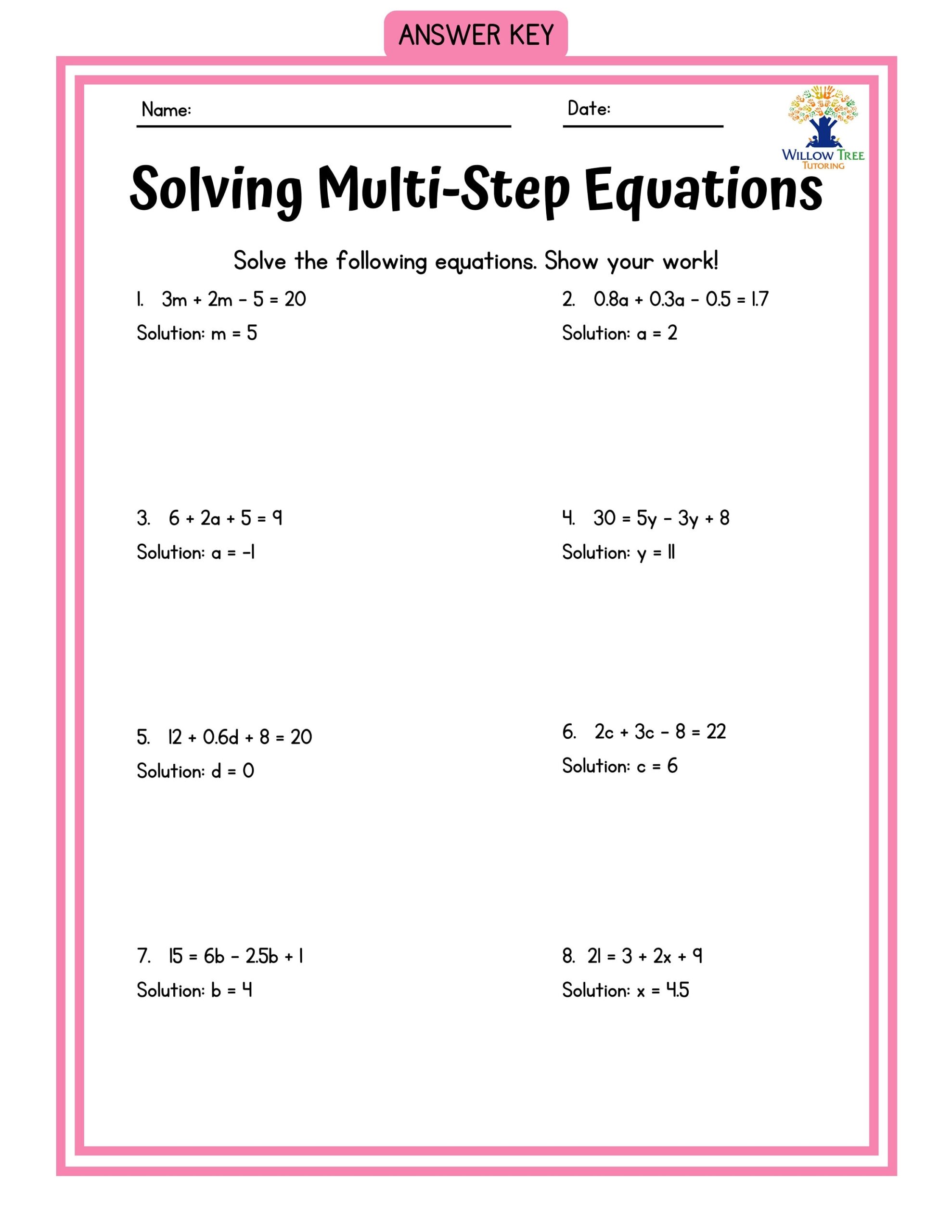 Multi Step Equations Printable Worksheets