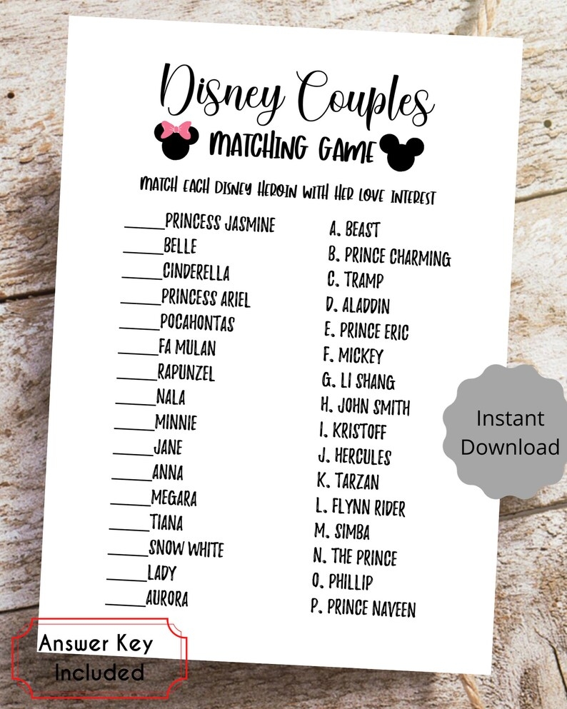 Disney Couples Matching Bridal Shower Game Printable PDF Etsy
