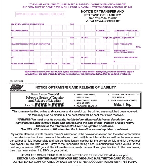 Dmv Release Of Liability Form California Printable Printable Forms