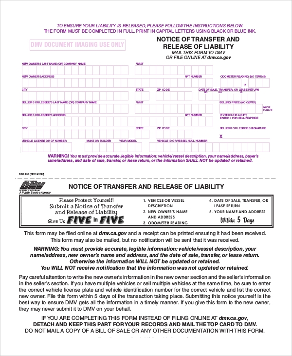 Dmv Release Of Liability Form California Printable Printable Forms 