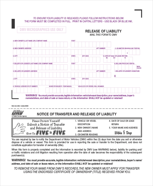 Dmv Release Of Liability Form California Printable