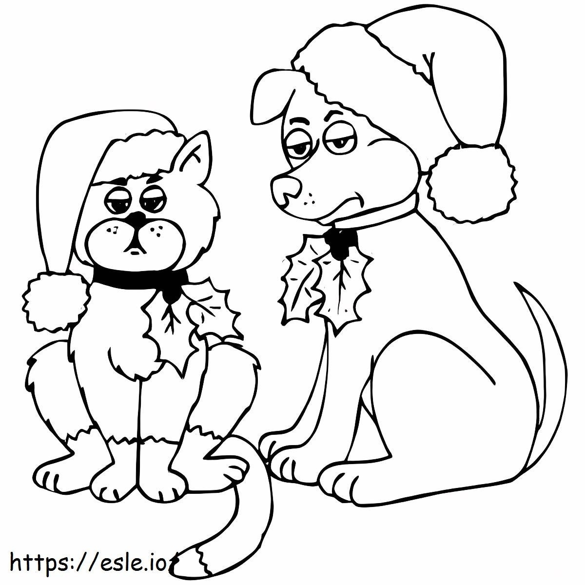Dogs And Cat On Christmas Coloring Page
