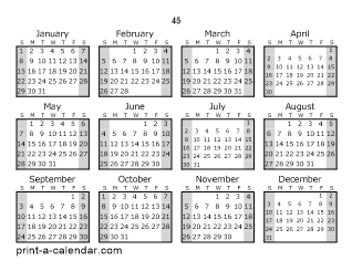 Printable Calendar 45 X 8