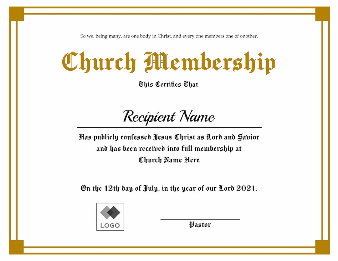 Editable Church Membership Certificate Template Printable Certificate 