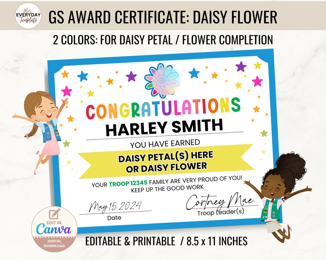 Editable Girl Scout Award Certificate Daisy Flower Petal Completion 
