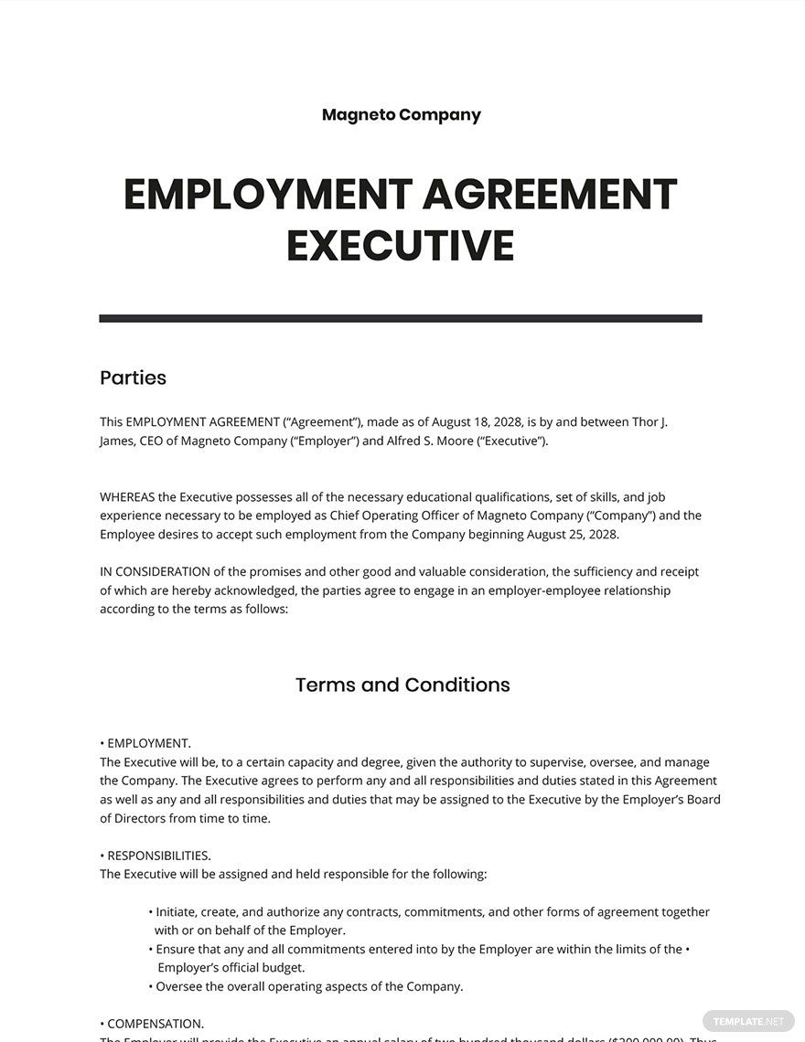 Employment Agreement Executive Template Google Docs Word Apple 