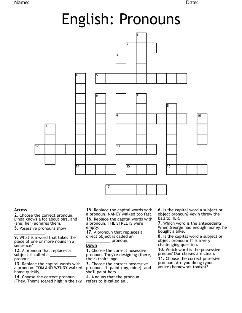 English Pronouns Crossword WordMint