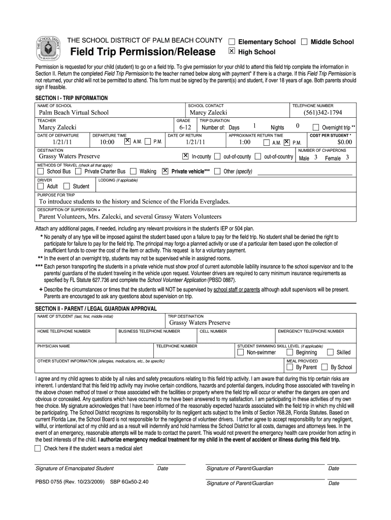 Field Trip Permission Release Form Fill Online Printable Fillable 