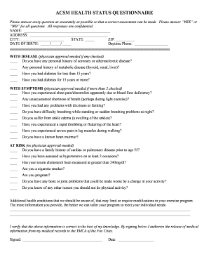 Fillable Online ACSM HEALTH STATUS QUESTIONNAIRE YMCA Of The Fox 