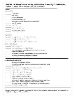 Acsm Health History Questionnaire Form Printable