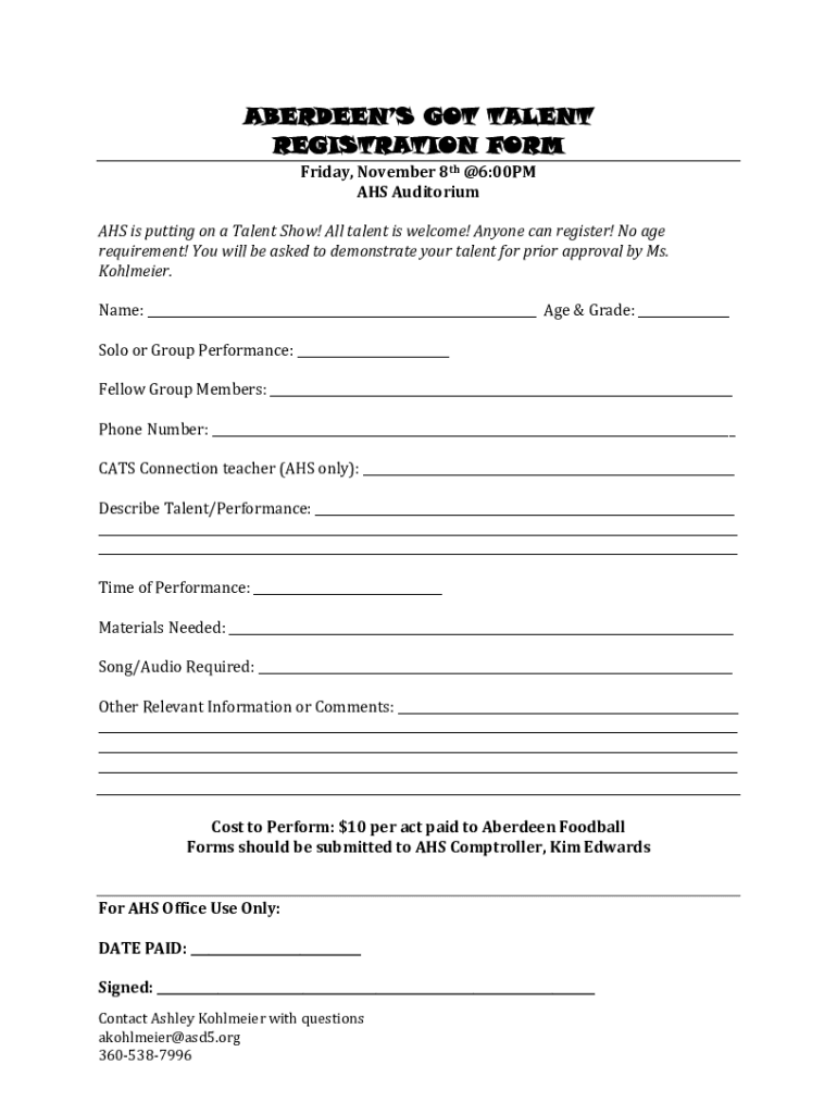 Printable Talent Show Registration Form Template