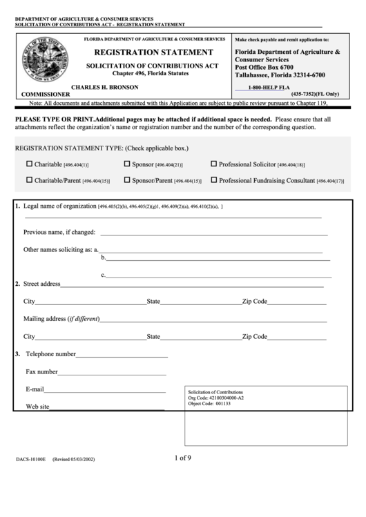 Form Dacs 10100e Registration Statement Florida Department Of 
