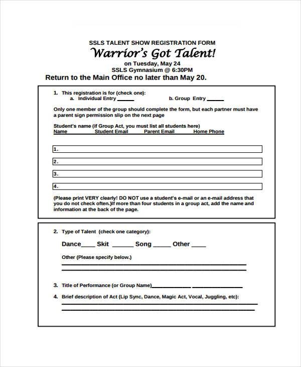FREE 15 Talent Show Registration Form Samples PDF MS Word Google Docs