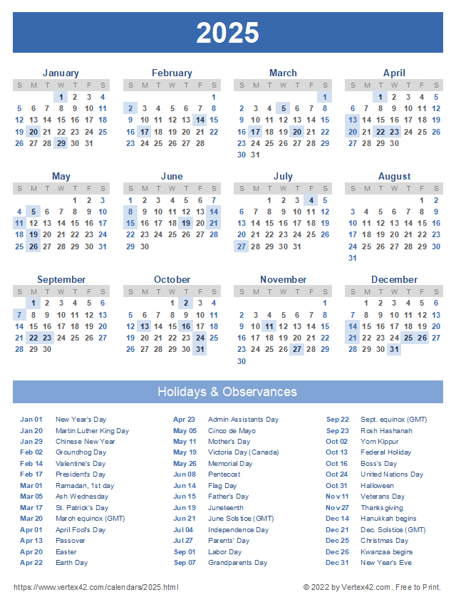 2025 Printable Calendars With Holidays