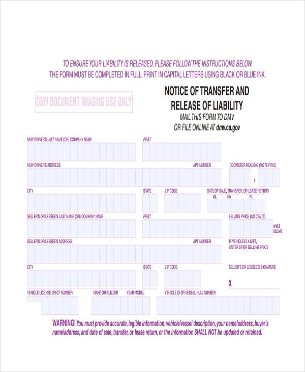 FREE 9 DMV Release Of Liability Form Samples PDF MS Word Google Docs