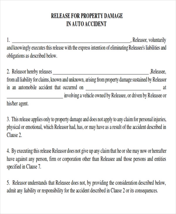 FREE 9 Sample Property Damage Release Forms In MS Word PDF