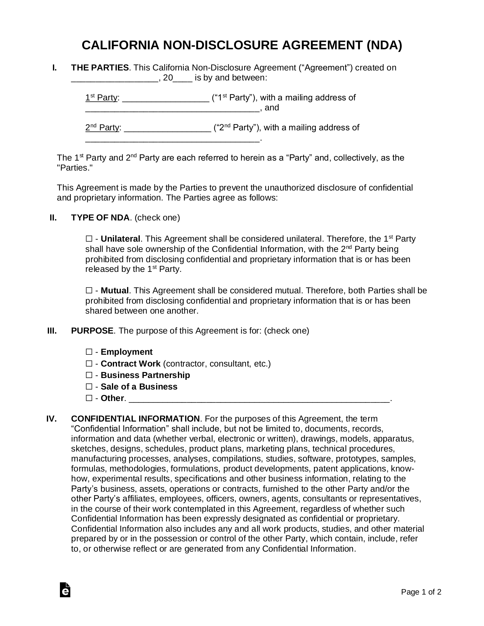 Free California Non Disclosure Agreement NDA Template PDF Word 