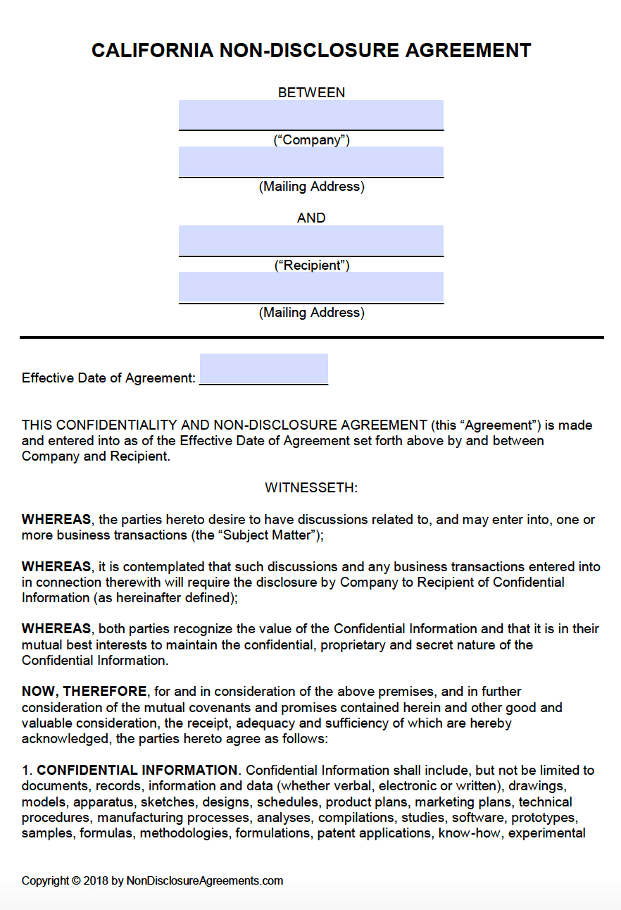 Free California Non Disclosure Agreement NDA Template PDF Word