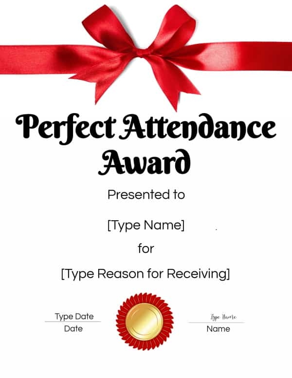 FREE Editable And Printable Perfect Attendance Award
