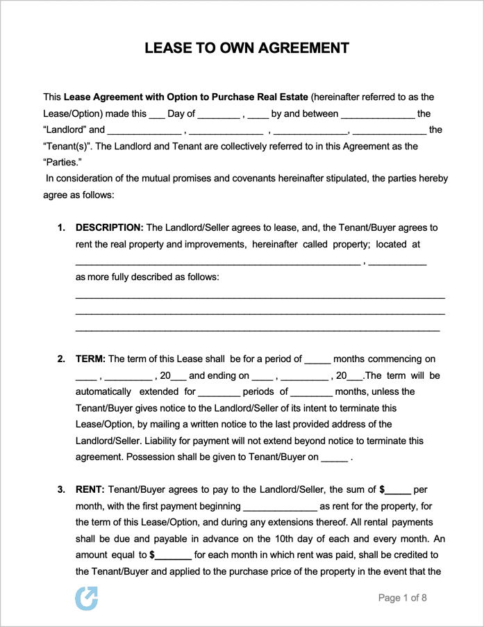 Free Printable Rent To Own Rental Agreement