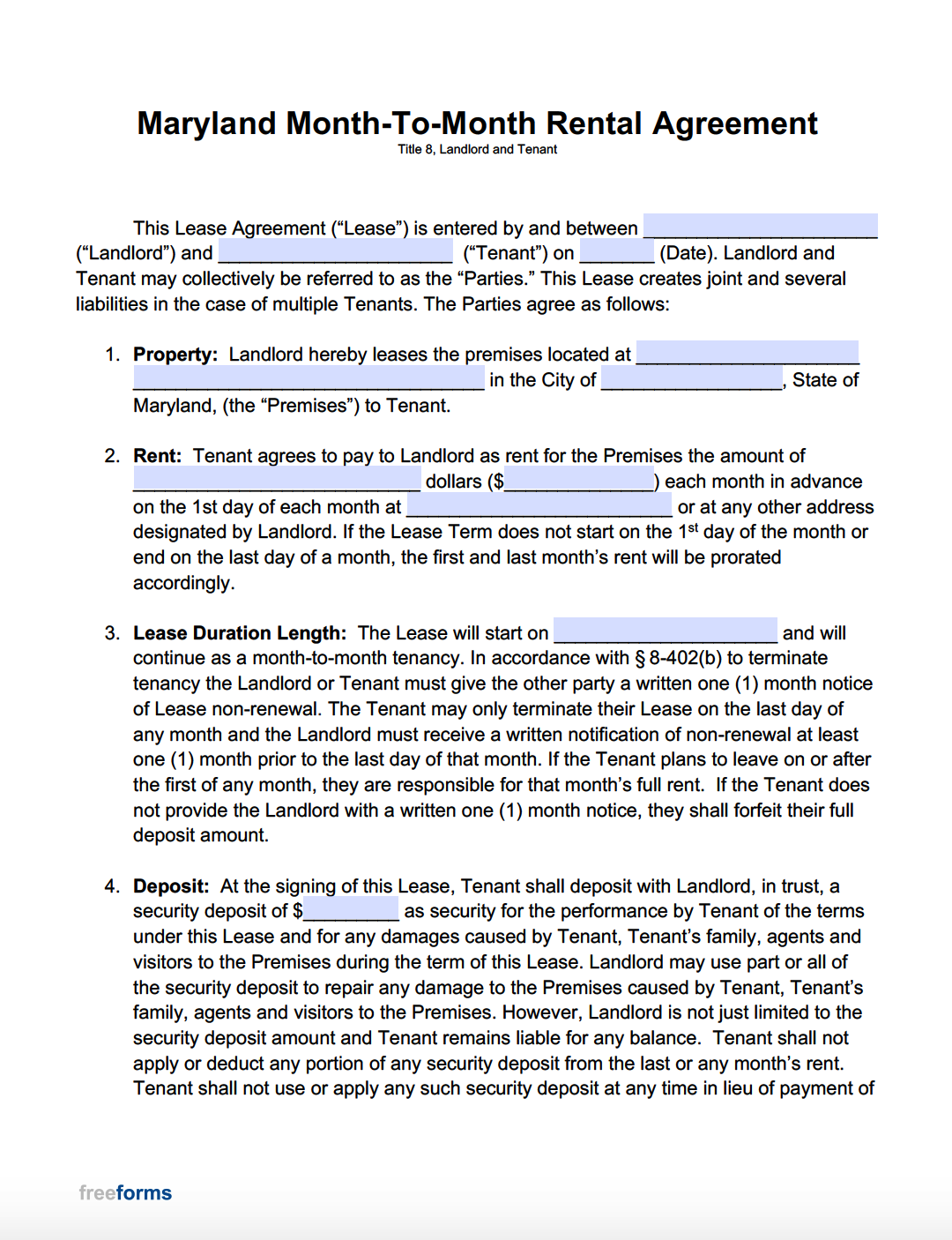 Free Maryland Month to Month Lease Agreement PDF WORD